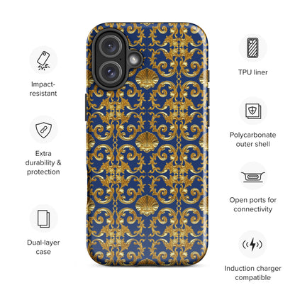 Gold Motif & Royal Sapphire Blue Tough Case for iPhone® | Bach Baroque Harmony Collection