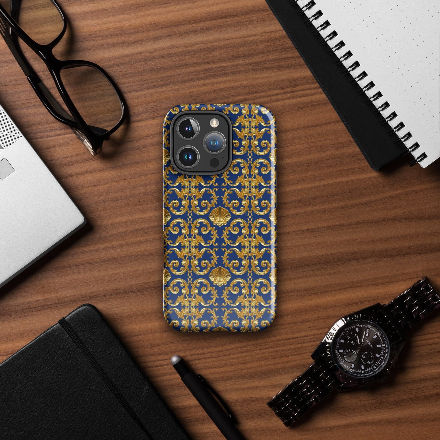 Gold Motif & Royal Sapphire Blue Tough Case for iPhone® | Bach Baroque Harmony Collection