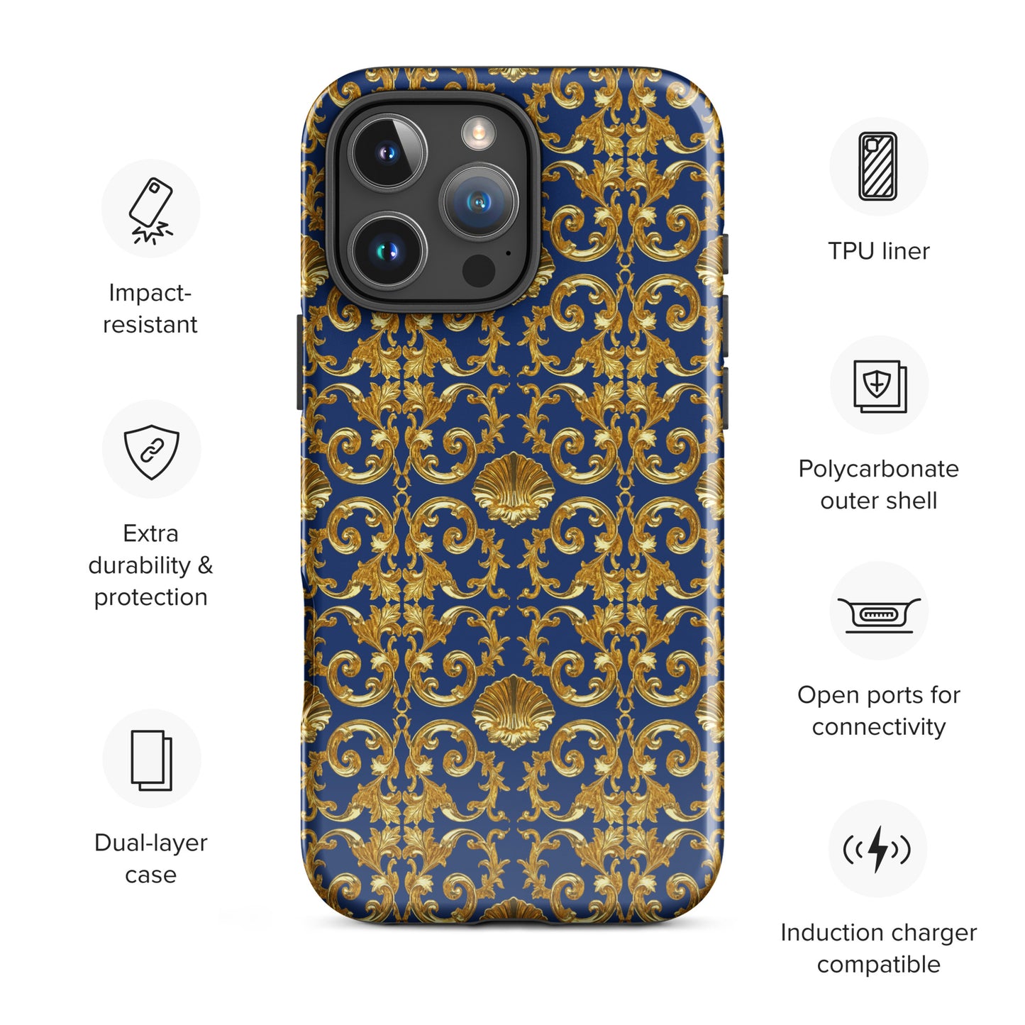 Gold Motif & Royal Sapphire Blue Tough Case for iPhone® | Bach Baroque Harmony Collection